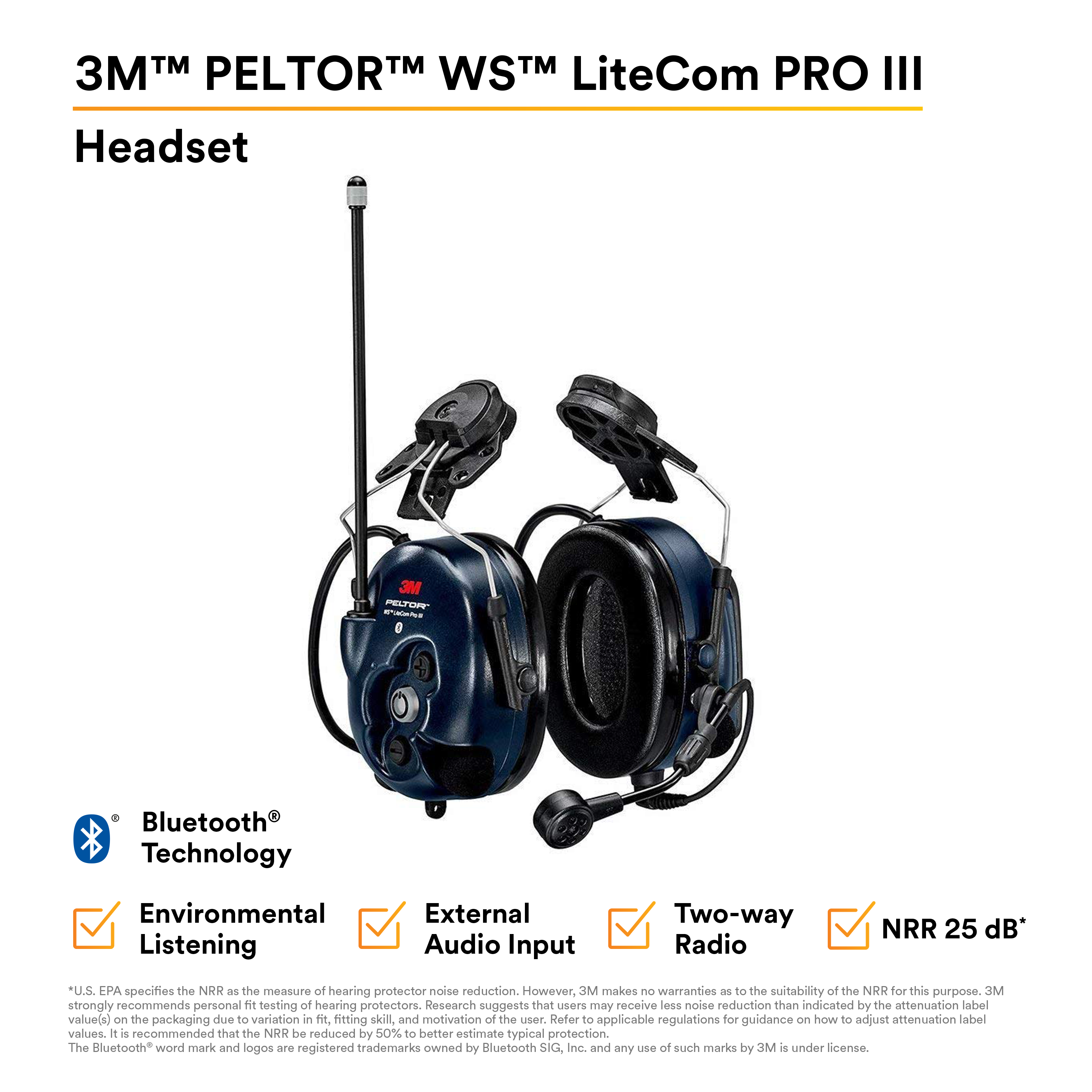 3M PELTOR WS LiteCom PRO III Headset - Hard Hat Attached - MT73H7P3E4D10-NA 3M