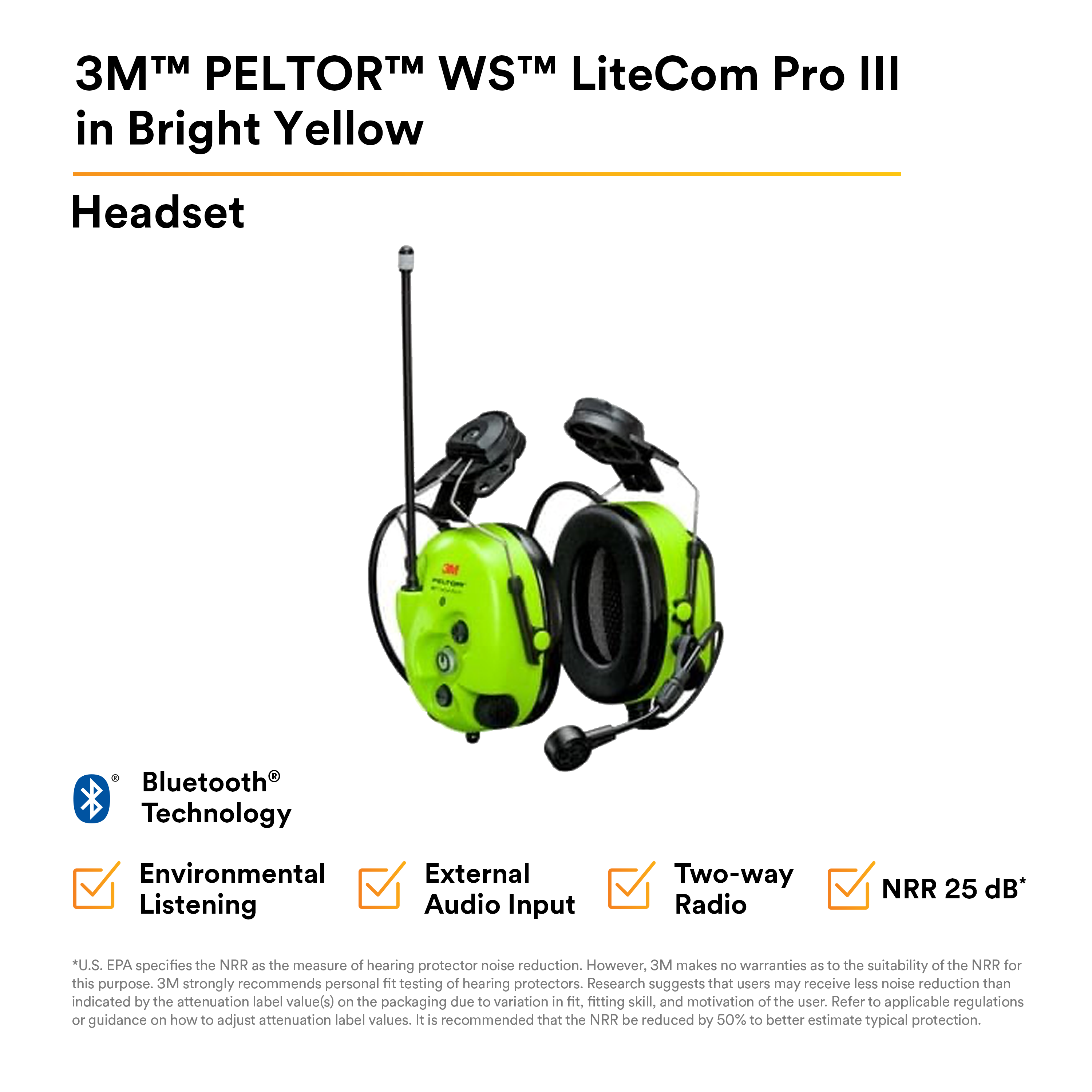 3M PELTOR WS LiteCom Pro III Headset MT73H7P3E4D10NA GB, Bright Yellow, Hard Hat Attached 3M