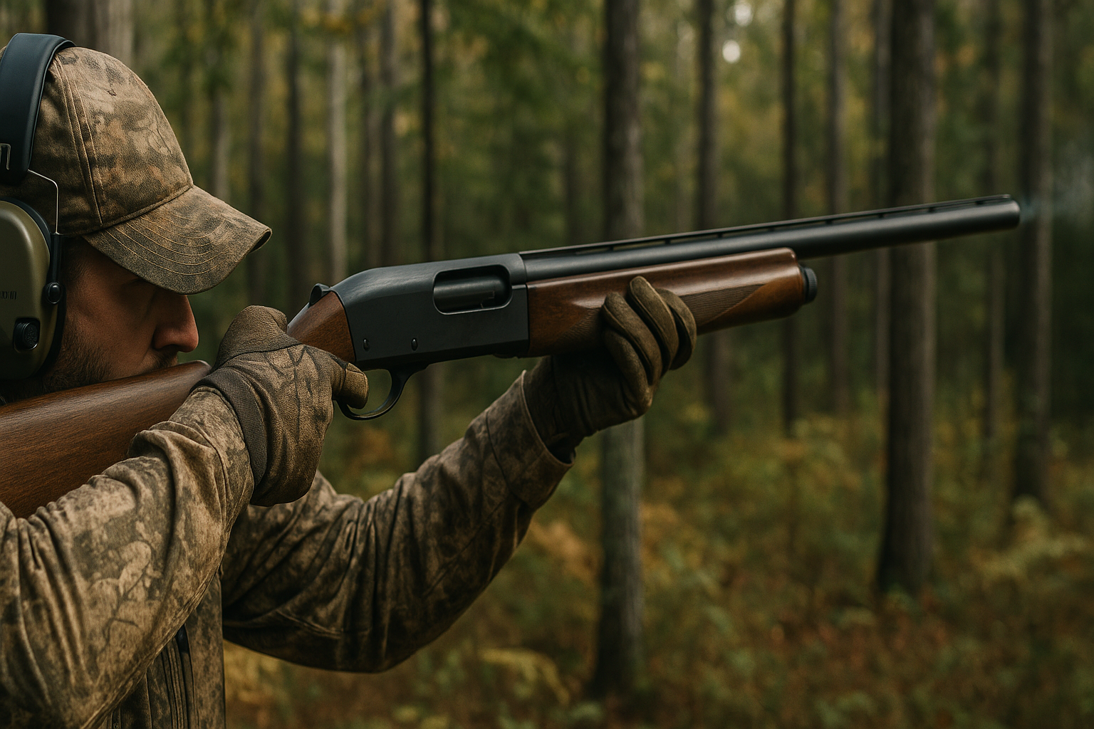 A panoramic image of a hunter shooting a shotgun wearing hearing protection with part number MT20H682FB-09 CY