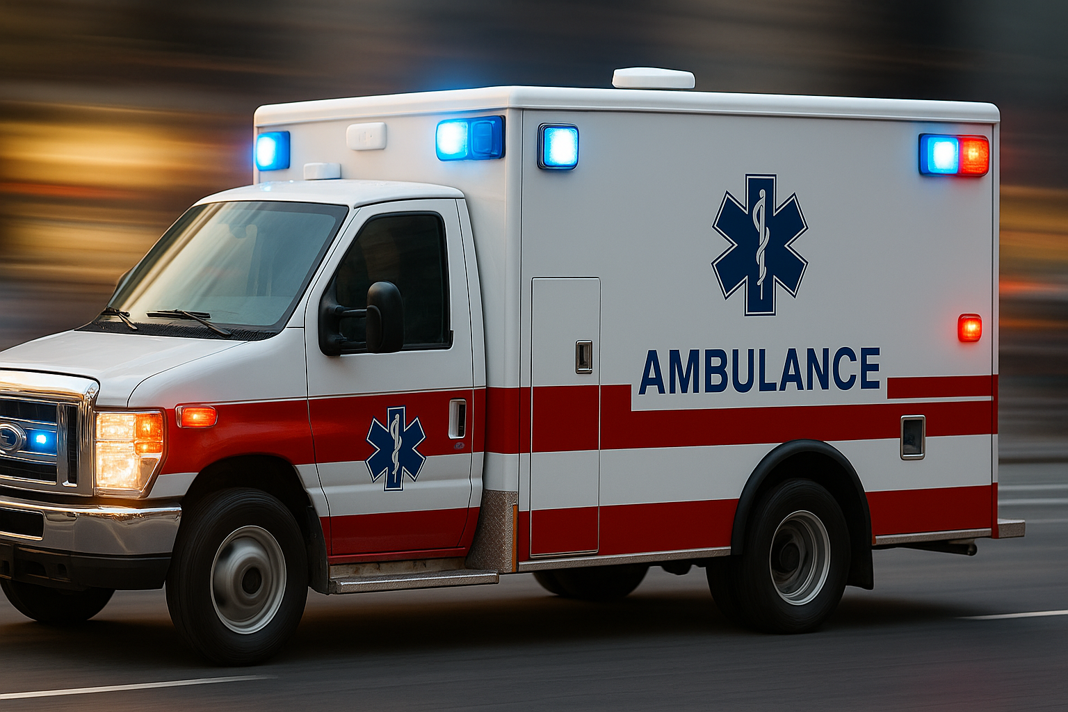 A single United States-style ambulance speeding from right to left with emergency lights flashing, prominently featuring a white Pulse Larsen GPSMB302 Panther Multiband Antenna mounted flush on the rear roof