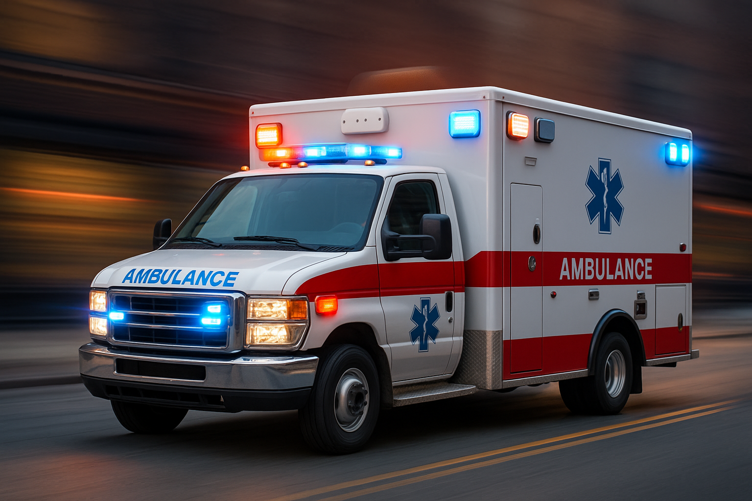 A United States-style ambulance with emergency lights flashing, prominently featuring a white Pulse Larsen GPSMB302 Panther Multiband Antenna mounted flush on the rear roof