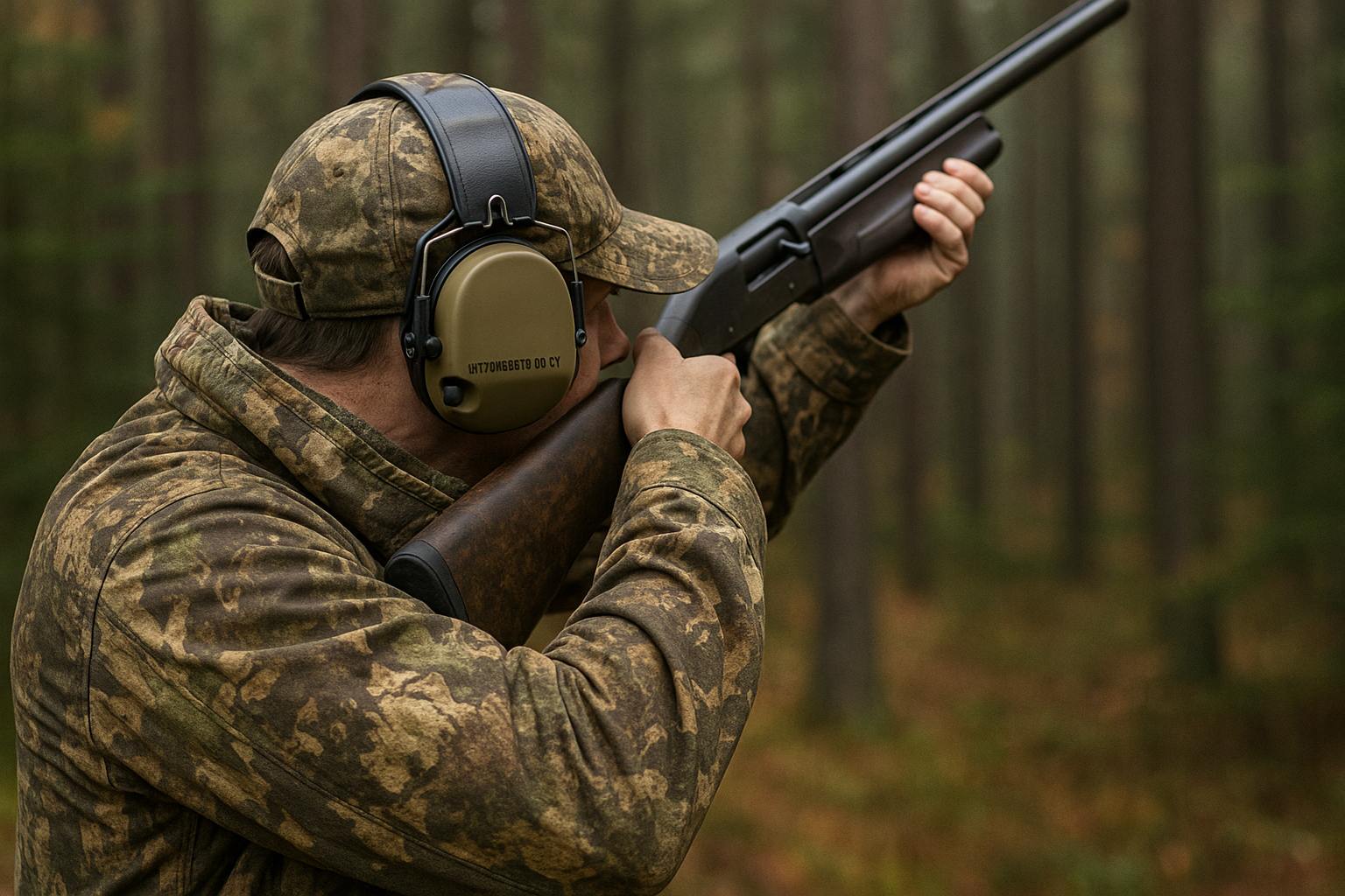 A vertical portrait of a hunter shooting a shotgun wearing hearing protection with part number MT20H682FB-09 CY