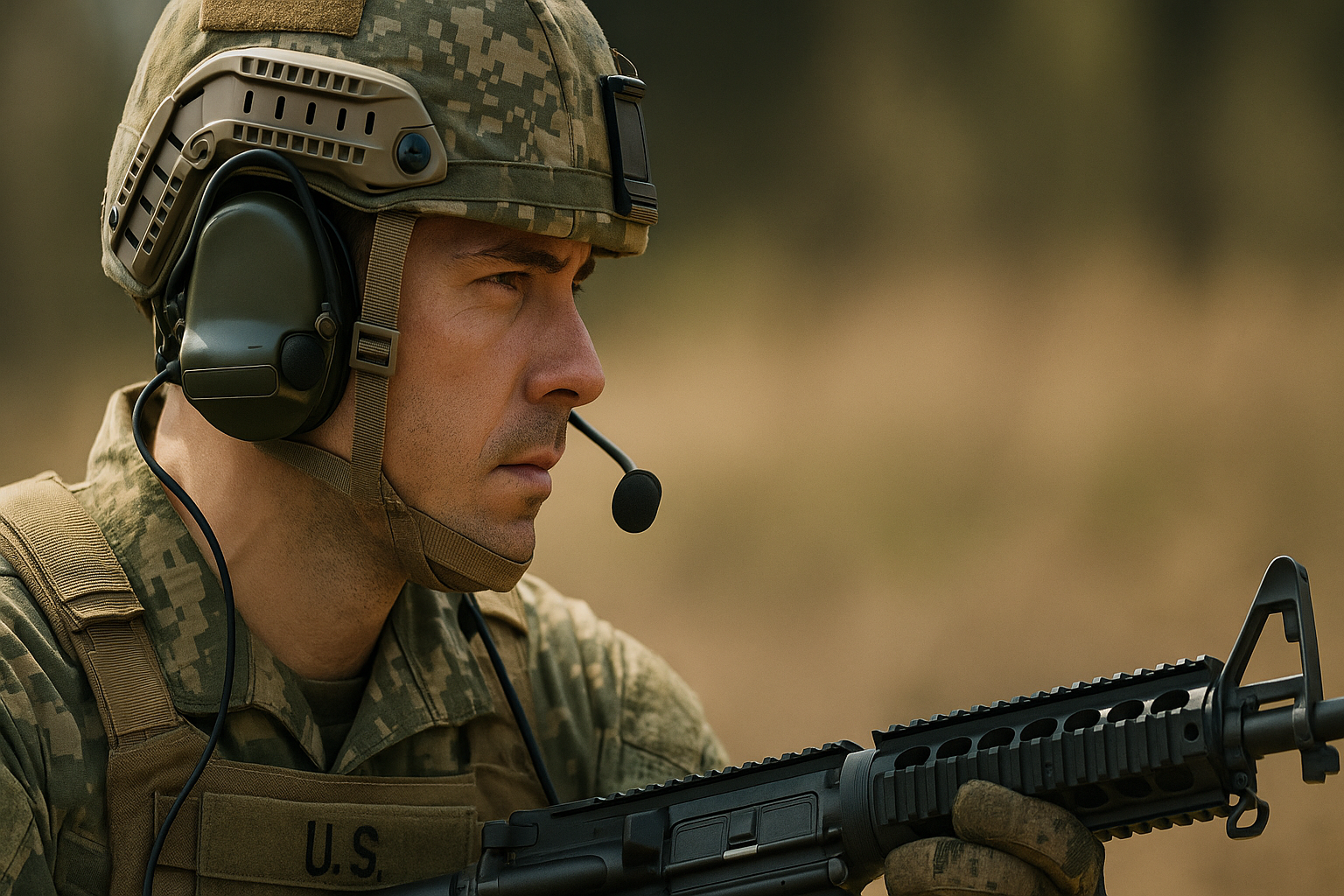 United States soldier using an MT20H682FB-47 GN tactical communication headset (2160 x 720px)
