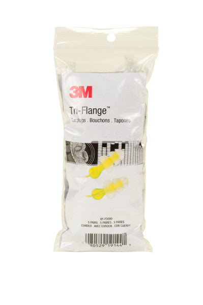 3M Tri-Flange Earplugs VP-P3000, Corded, Vending Pack, 5 Pair/Pack 3M