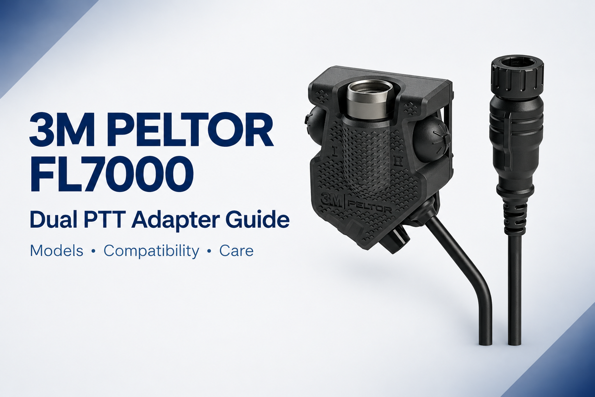 3M PELTOR FL7000 dual PTT adapter guide covering models, compatibility and care, featuring the FL705-163 adapter.