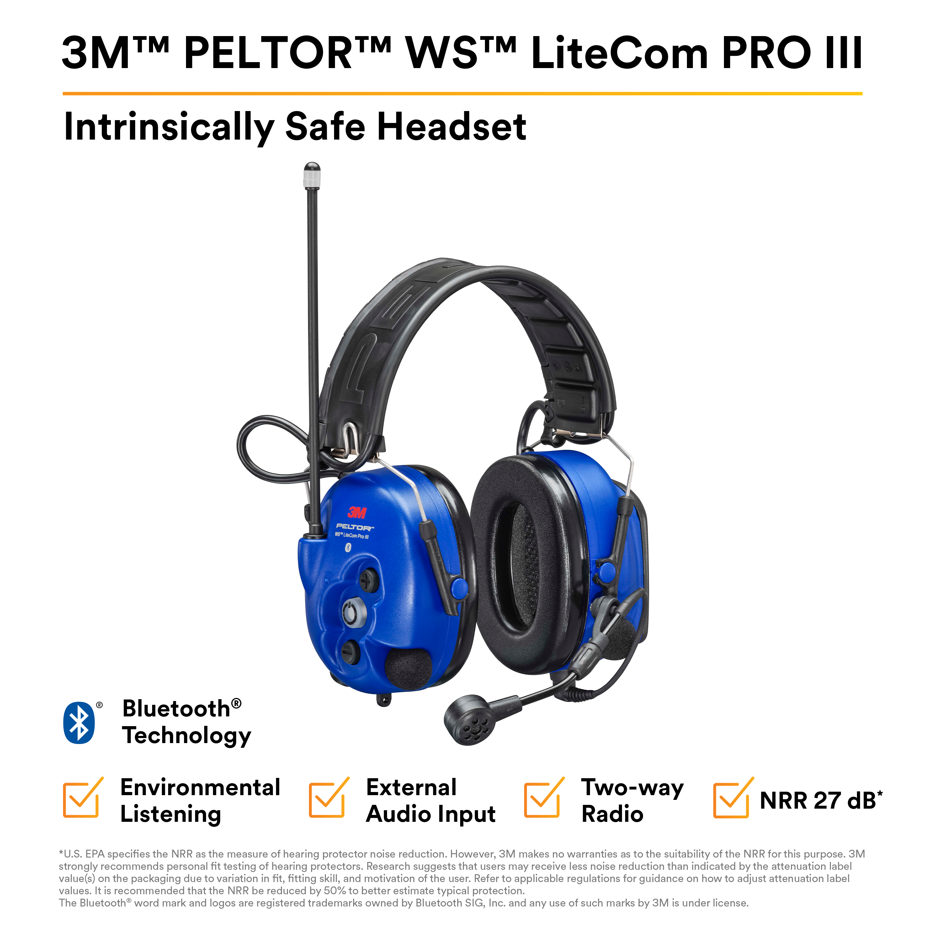 Fone de ouvido 3M ™ PELTOR WS LiteCom PRO III - Faixa de cabeça - Intrinsecamente seguro - MT73H7F4D10NA-50