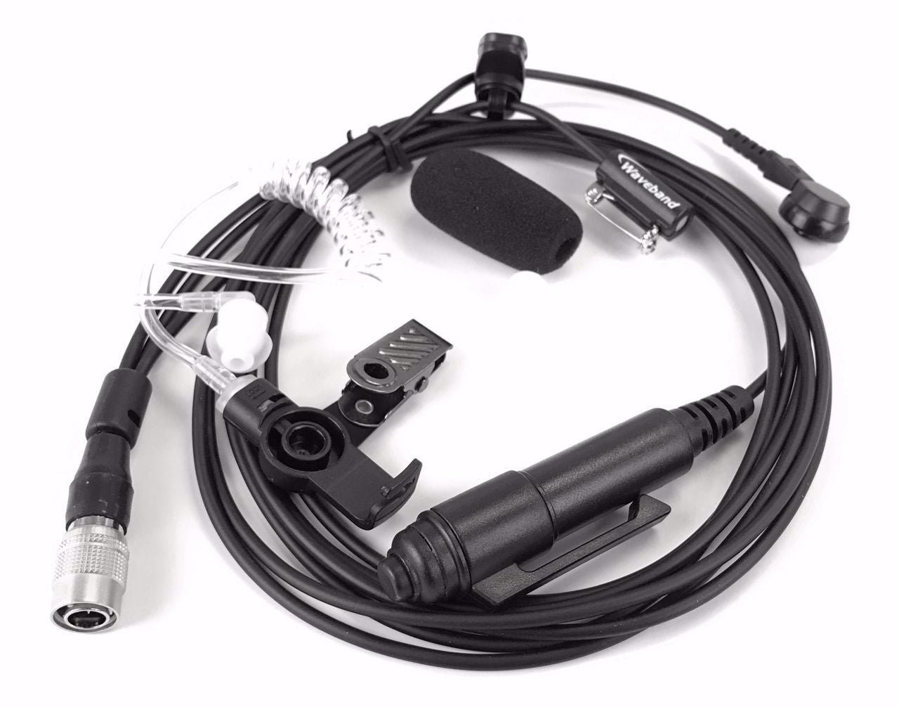 Three wire surveillance kit with Kevlar reinforced cable, premium Knowles microphone, Quick Disconnect clear acoustic and conical pins for P7300, P5500, P5400,P5300, and XG-75 Portables. WB# WV-15040-E4-3wire - First Source Wireless